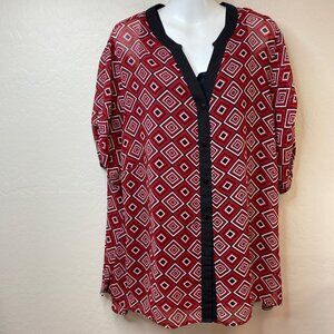 Dressbarn Womens Red Black Geometric Patterned Sheer Blouse Size 2X